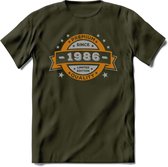 Premium Since 1986 T-Shirt | Zilver - Goud | Grappig Verjaardag en Feest Cadeau Shirt | Dames - Heren - Unisex | Tshirt Kleding Kado | - Leger Groen - S