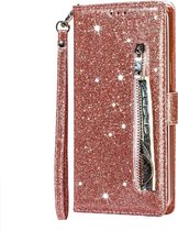 LuxeBass Hoesje geschikt voor Samsung Galaxy A10s Glitter Bookcase met rits - hoesje - portemonneehoesje - Rosé Goud - telefoonhoes - gsm hoes - telefoonhoesjes