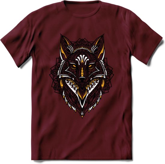Vos - Dieren Mandala T-Shirt | Geel | Grappig Verjaardag Zentangle Dierenkop Cadeau Shirt | Dames - Heren - Unisex | Wildlife Tshirt Kleding Kado | - Burgundy - XXL