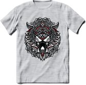 Tijger - Dieren Mandala T-Shirt | Rood | Grappig Verjaardag Zentangle Dierenkop Cadeau Shirt | Dames - Heren - Unisex | Wildlife Tshirt Kleding Kado | - Licht Grijs - Gemaleerd - L