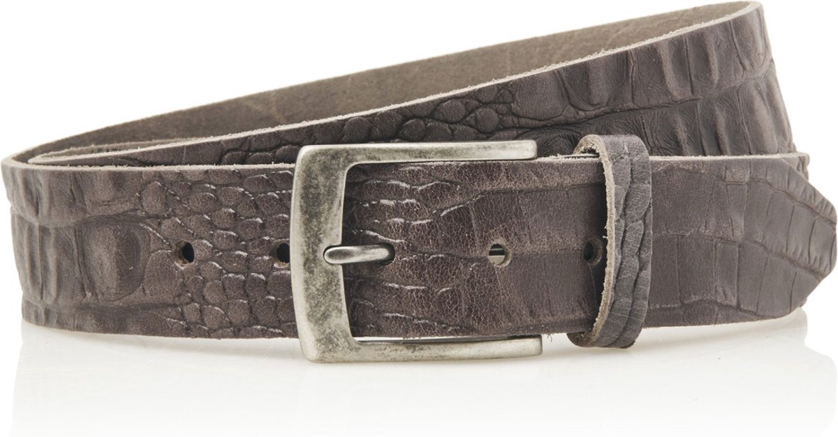 Timbelt 4cm grijze jeansriem met kroko print - 100 % leder - grijze riem - taillemaat 95 - totale lengte riem 110 cm