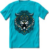 Tijger - Dieren Mandala T-Shirt | Geel | Grappig Verjaardag Zentangle Dierenkop Cadeau Shirt | Dames - Heren - Unisex | Wildlife Tshirt Kleding Kado | - Blauw - XL