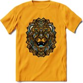 Leeuw - Dieren Mandala T-Shirt | Lichtblauw | Grappig Verjaardag Zentangle Dierenkop Cadeau Shirt | Dames - Heren - Unisex | Wildlife Tshirt Kleding Kado | - Geel - M