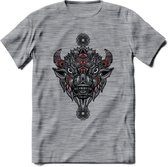 Bizon - Dieren Mandala T-Shirt | Rood | Grappig Verjaardag Zentangle Dierenkop Cadeau Shirt | Dames - Heren - Unisex | Wildlife Tshirt Kleding Kado | - Donker Grijs - Gemaleerd - 3