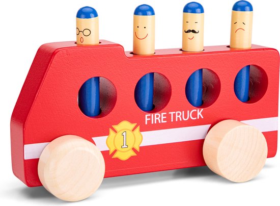 Woet® Houten Pop Up Brandweerauto - Rode Brandweerwagen met Brandweermannen - FSC Speelgoedvoertuig - Actiespel - Educatief Speelgoed - Vanaf 2 Jaar