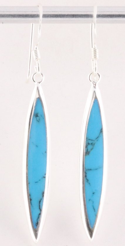 Lange fijne zilveren oorbellen met blauwe turkoois
