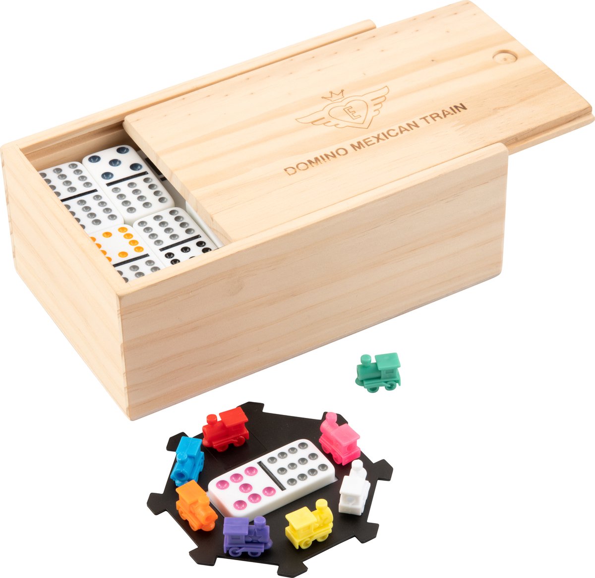 Domino Dubbel 12 Mexican Train – 91 Stenen met Gekleurde Ogen – Houten Kist met Schuifdeksel – Inclusief Station & Treinen – Strategisch Familiespel – Engelhart