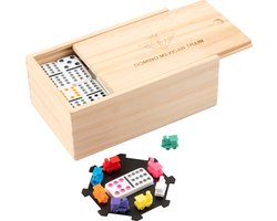 Domino Dubbel 12 Mexican Train – 91 Stenen met Gekleurde Ogen – Houten Kist met Schuifdeksel – Inclu