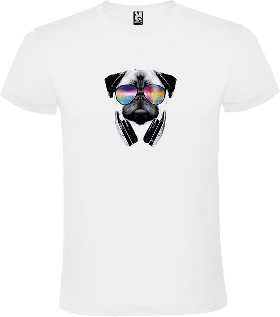 Wit t-shirt met grote print 'Mopshond met Zonnebril en Koptelefoon'