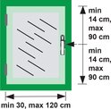 Schema met afmetingen voor raamsluiting: minimaal 14cm, maximaal 90cm hoogte en breedte, minimaal 30cm, maximaal 120cm breedte.