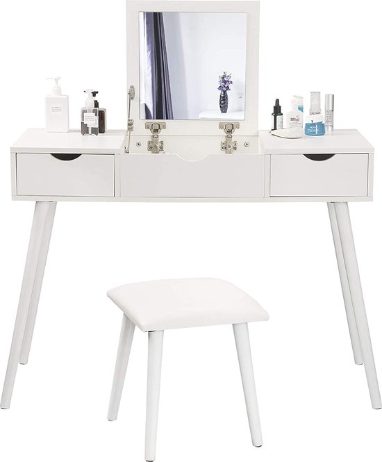 Make-uptafel met 360° Draaibare Spiegel, 3D Lades en Fluwelen Kruk