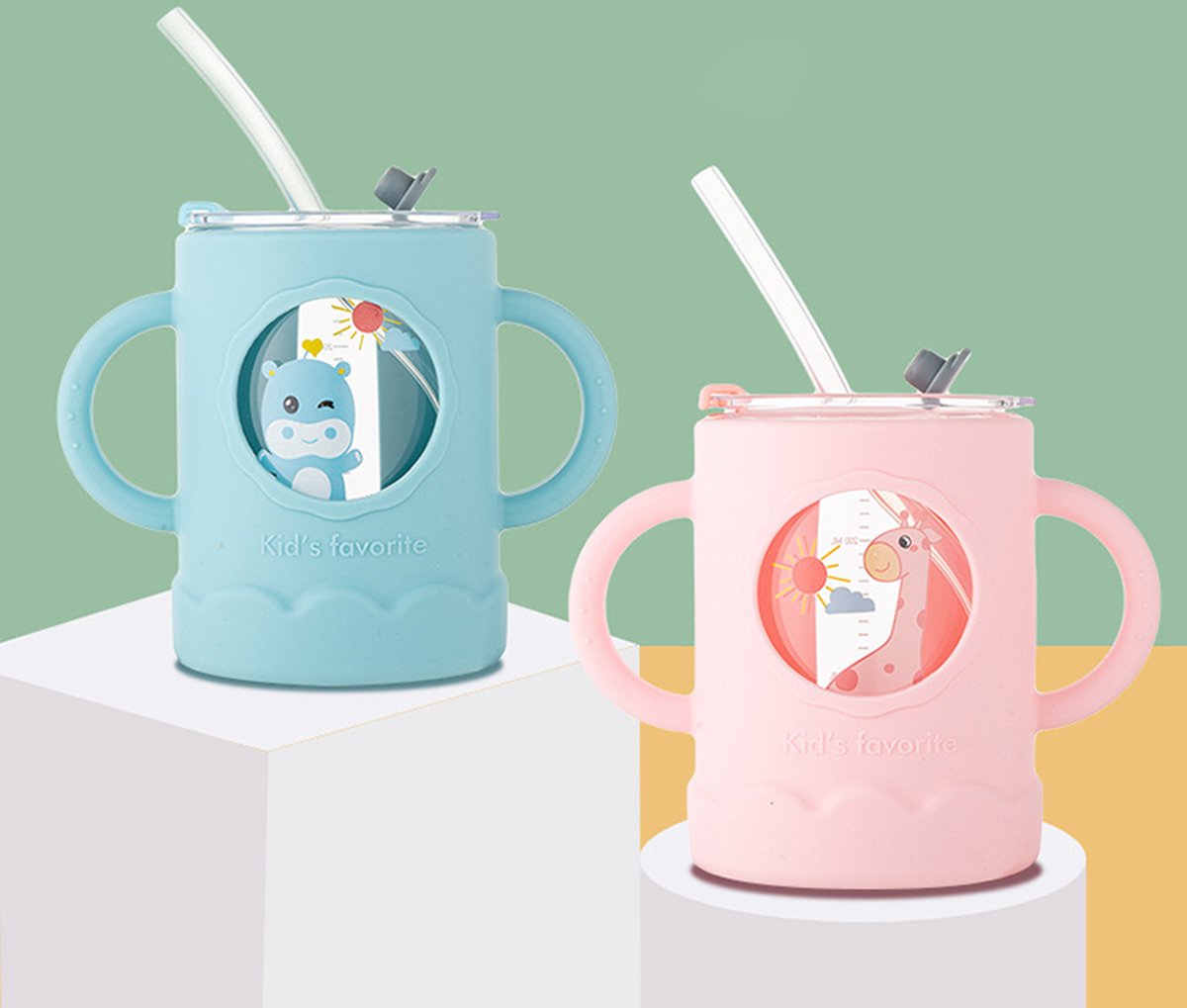 Goedkoopste Baby/Peuter - Siliconen - Glazen - Kinder Beker - met Rietje - Nijlpaard