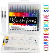 int!rend Watercolour brush pens 39x Set | 24 bright watercolour pens, 2 water tank brushes, 8 sheets of watercolor paper, 5 stencil templates | For bullet journal, calligraphy, let
