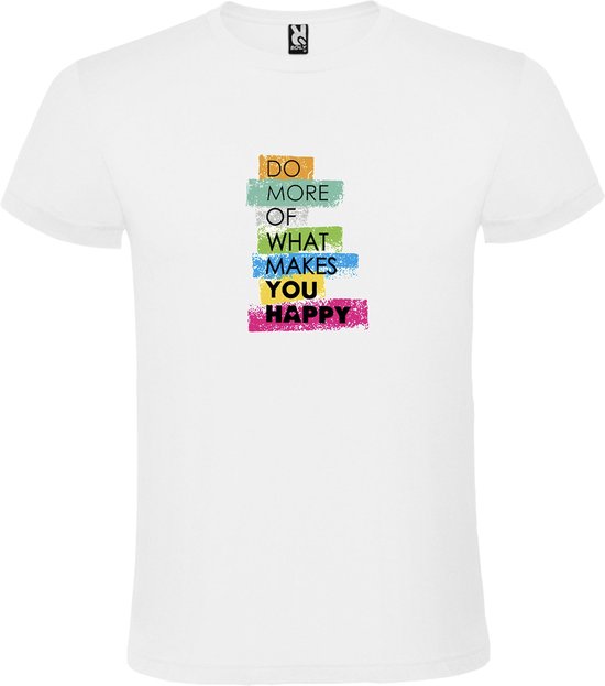 Wit t-shirt met grote print met tekst 'Do More of What Makes You Happy'