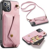 Apple iPhone 13 Casemania Hoesje Pale Pink - Luxe Back Cover met Koord - Wallet Case - Pasjeshouder