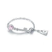 Geshe-Zilveren ring sleutel en slot met hartjes-zilver 925-verstelbaar-roze zirkonia-one size-liefdes cadeau
