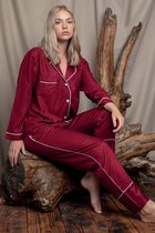 Seamlife Homewear - Luxe Dames Pyjama Set - Maat (M) - 100% Biologisch Katoen Satijn - Lange Mouwen - Bordeauxrood