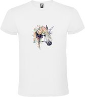 Wit t-shirt met grote print 'Eenhoorn met bloemen'  size XL