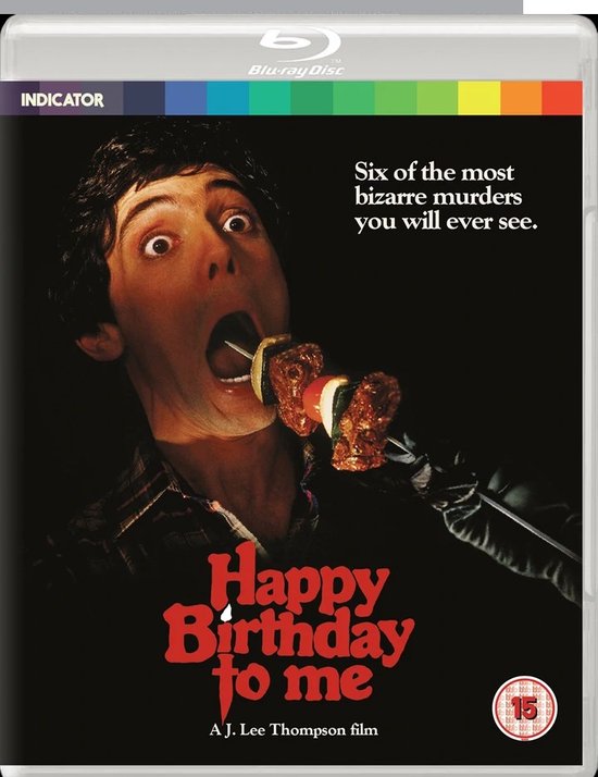 Blu-ray hoes van 'Happy Birthday to Me' met een man die met open mond naar een spies met vlees kijkt.
