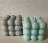 Kaarsen - decoratieve kaarsen SET van 2 - bubbel bubble kubus kaars - grijs en mint