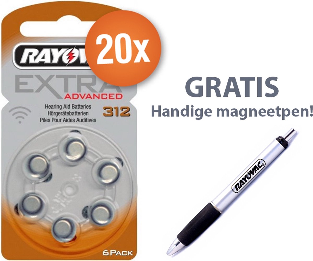Voordeelpak Rayovac gehoorapparaat batterijen - Type 312 (bruin) - 20 x 6 stuks + gratis magnetische batterijpen