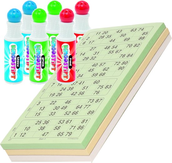 Afbeelding van het spel 200x Bingokaarten nummers 1-90 inclusief 6x bingo stiften blauw/groen/rood