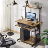 Computertafel met plank, bureau, pc-tafel met wielen, hoekbureau, vintage, 80 x 50 x 132 cm