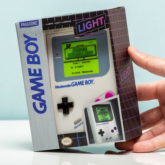 Doos voor de beige Nintendo Game Boy-lamp, met productfoto's van de lamp die 'Super Mario Land' weergeeft.