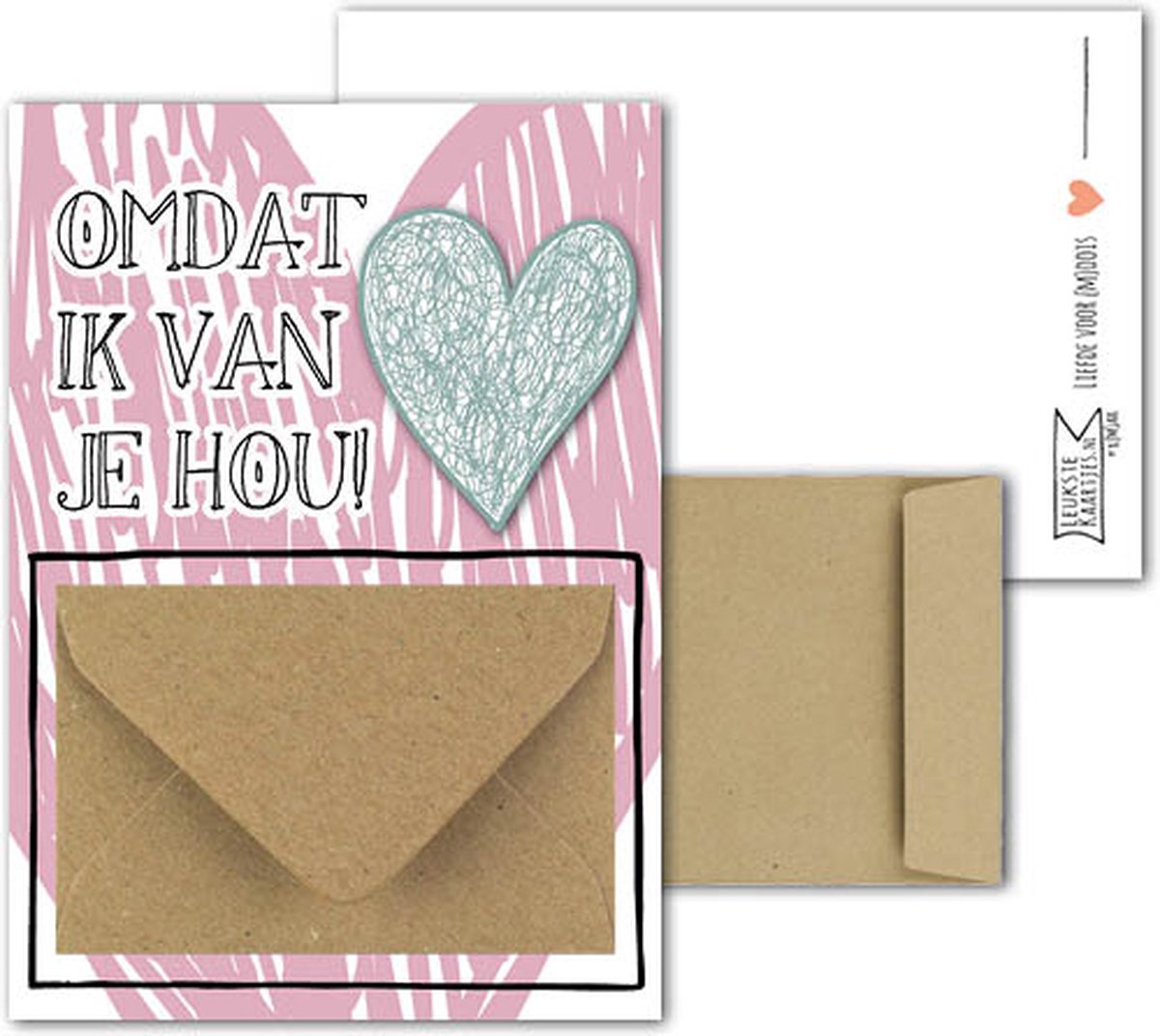 Geldkaart met mini Envelopje -> Liefde Valentijnsdag - No: 02 (Omdat van je hou-Groen hartje) - LeuksteKaartjes.nl by xMar
