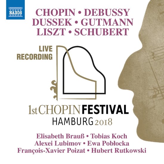 De 1e Chopin Festival Hamburg 2018 live-opname met op de voorkant een profiel van een gezicht en een piano
