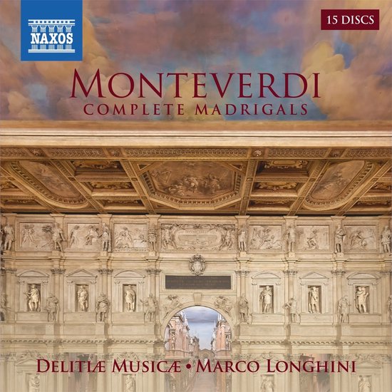 Monteverdi Complete Madrigals, 15 CD's. Op de voorkant een gebouw met een gebeeldhouwde facade en een entree.