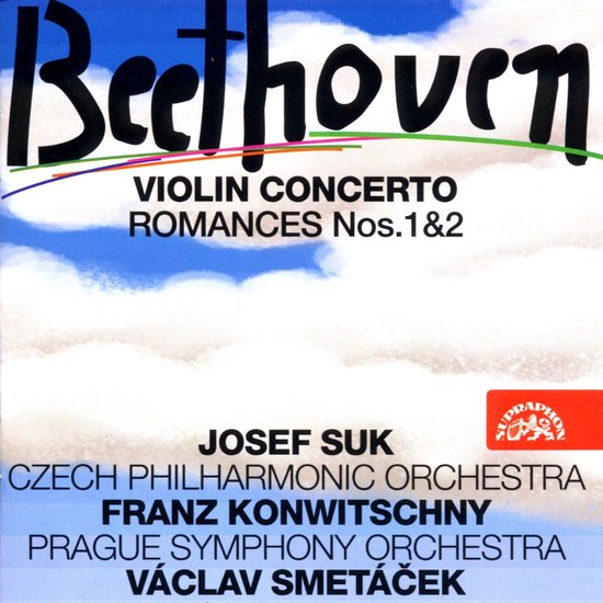 Voor- of achterkant van een CD met 'Beethoven' in grote letters, vioolconcert, romances 1 & 2, Josef Suk, Tsjechisch Filharmonisch Orkest, Franz Konwitschny, Praags Symfonie Orkest, Václav Smetáček.