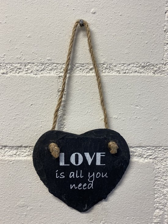 Deco leisteen met ophangkoordje - hart - Love is all you need - 10x10 cm - Woonaccessoires