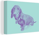 Canvas Schilderij Illustratie van een Teckel hond op blauwe achtergrond - 80x60 cm - Wanddecoratie