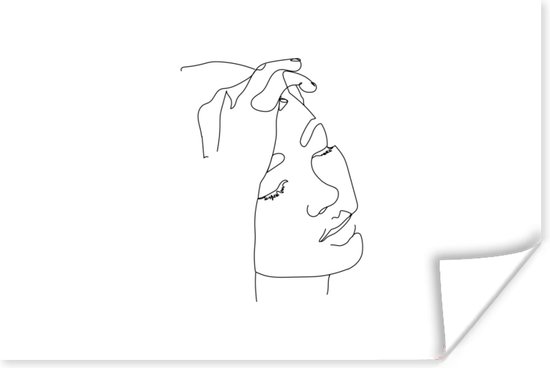 Main d'art sur une Line visage de la femme sur un papier d'affiche de fond blanc 90x60 cm - impression photo sur l' affiche (décoration murale salon / chambre à coucher)