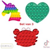 ESSENTIALS73 Fidget Pop It Set van 3: Krab + Hart + Unicorn - Tiktok - Crab - Heart - Rainbow