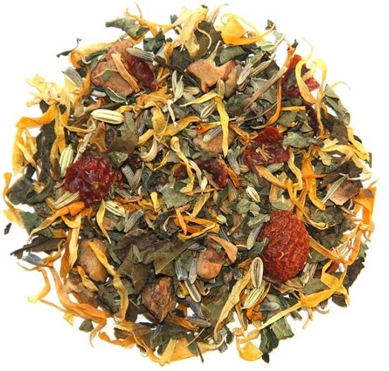 Losse thee met gedroogde calendulabloesems, lavendel, rode besjes en venkelzaad.
