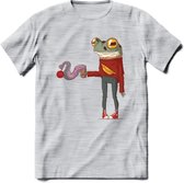 Casual koffie kikker T-Shirt Grappig | Dieren reptiel Kleding Kado Heren / Dames | Animal Skateboard Cadeau shirt - Licht Grijs - Gemaleerd - M