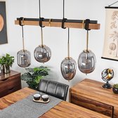 MANDEE.NL - Vintage Hanglamp - Houten Glazen Hanglamp - Bania Hanglamp Messing Bruin, 4-lichts - eettafel hanglamp wooonkamer houten vintage hanglamp - rechthoekige kamerlamp