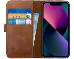 Rosso Deluxe Echt Leer Book Case Hoesje Geschikt voor Apple iPhone 13 Mini | Ruimte voor drie pasjes | Portemonnee Book Case | Met Pasjeshouder | Bruin