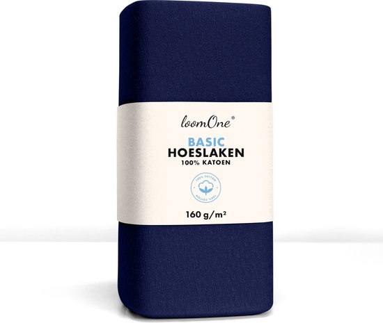 Donkerblauwe molton hoeslaken met witte band "loomOne BASIC HOESLAKEN 100% KATOEN 160 g/m²".