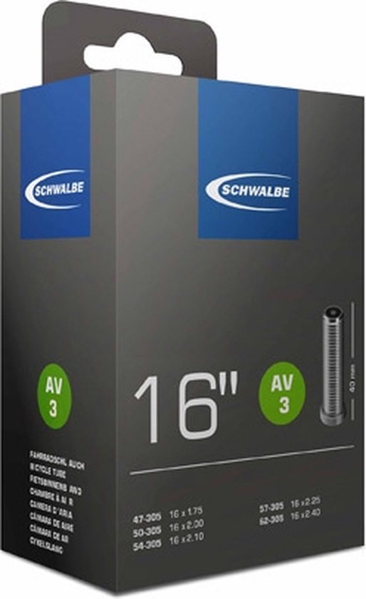Schwalbe fietsbinnenband verpakking, 16 inch, met autoventiel AV3.