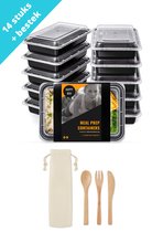 Meal Prep Bakjes Met Duurzaam Herbruikbaar Bestek- 14 Stuks - 1 Compartiment - Bestek Met Opbergtasje - Diepvriesbakjes - Lunchbox - Vershouddoos - Vershoudbakjes - Plasticbakjes Met Deksel -