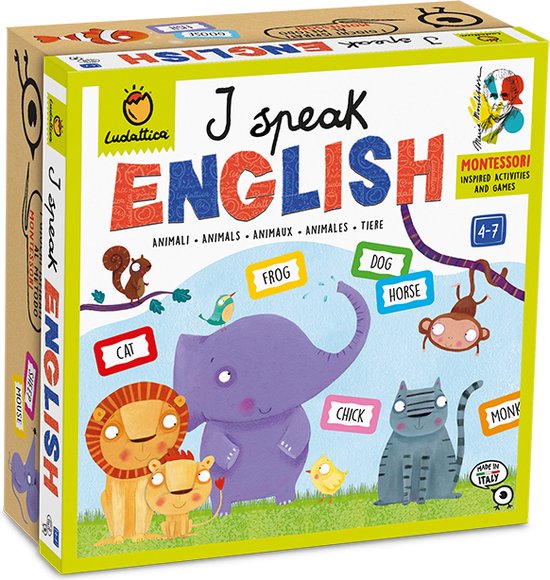 Afbeelding van het spel Ludattica Spellen: I SPEAK ENGLISH - Montessori methode 22,5x22,5x9cm, met 36  kaarten en didactische gids, 4+