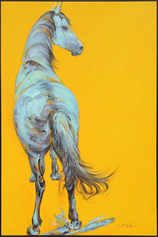 Fine Asianliving Olieverf Schilderij 100% Handgeschilderd 3D met Reliëf Effect en Zwarte Omlijsting 100x150cm Paard Geel