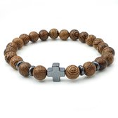 Houten kralenarmband bruin met hematiet kruisje 19cm