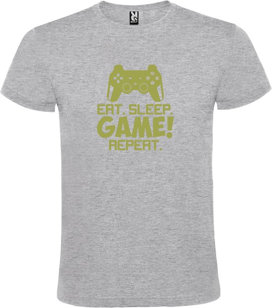 Grijs t-shirt met tekst 'EAT SLEEP GAME REPEAT' print Goud  size XL
