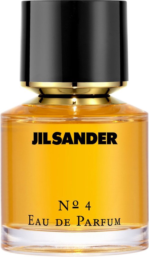 Jil Sander No.4 Eau de Parfum flesje met amberkleurige vloeistof, gouden ring en zwarte dop.