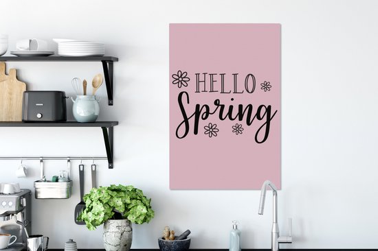 Tableau sur toile Citation Bonjour Printemps avec des fleurs en rose - 60x90 cm - Décoration murale