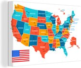 Canvas Schilderij Landkaart Amerika in kleur - 60x40 cm - Wanddecoratie